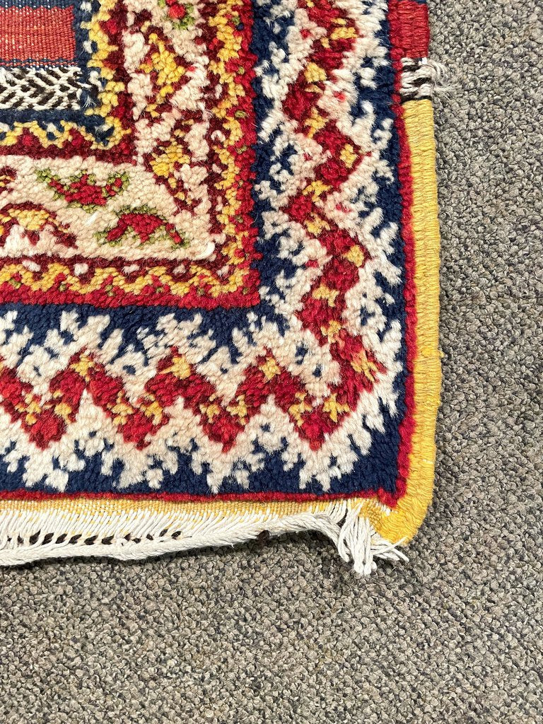 Red and Navy Blue Moroccan Rug with Yellow and White Accents - Wool on Cotton Foundation