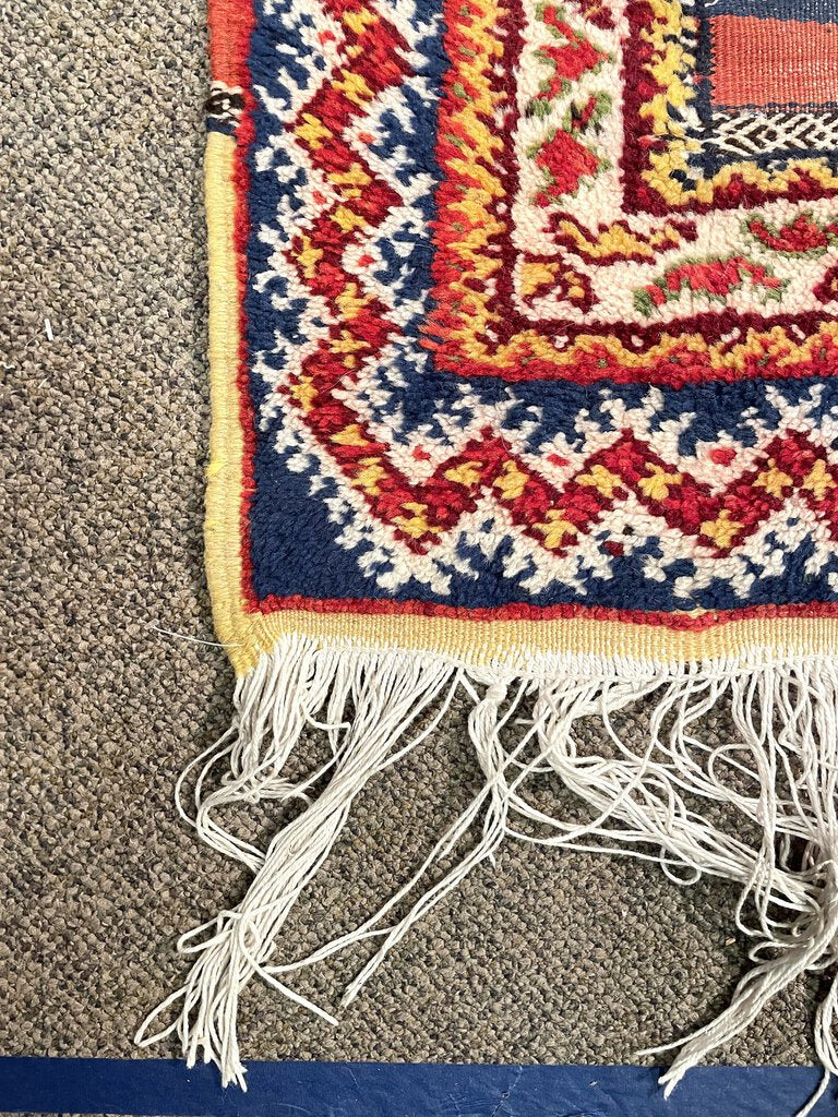 Red and Navy Blue Moroccan Rug with Yellow and White Accents - Wool on Cotton Foundation