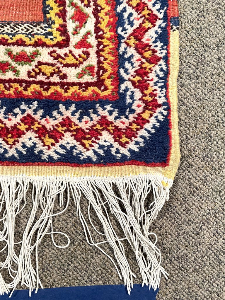 Red and Navy Blue Moroccan Rug with Yellow and White Accents - Wool on Cotton Foundation