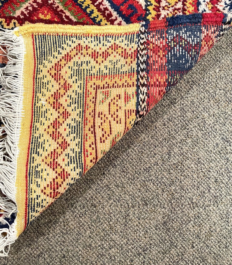 Red and Navy Blue Moroccan Rug with Yellow and White Accents - Wool on Cotton Foundation