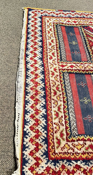 Red and Navy Blue Moroccan Rug with Yellow and White Accents - Wool on Cotton Foundation