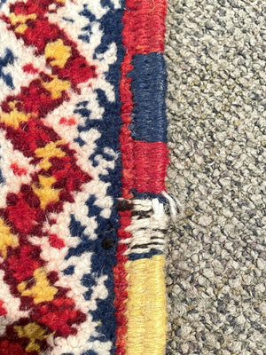 Red and Navy Blue Moroccan Rug with Yellow and White Accents - Wool on Cotton Foundation