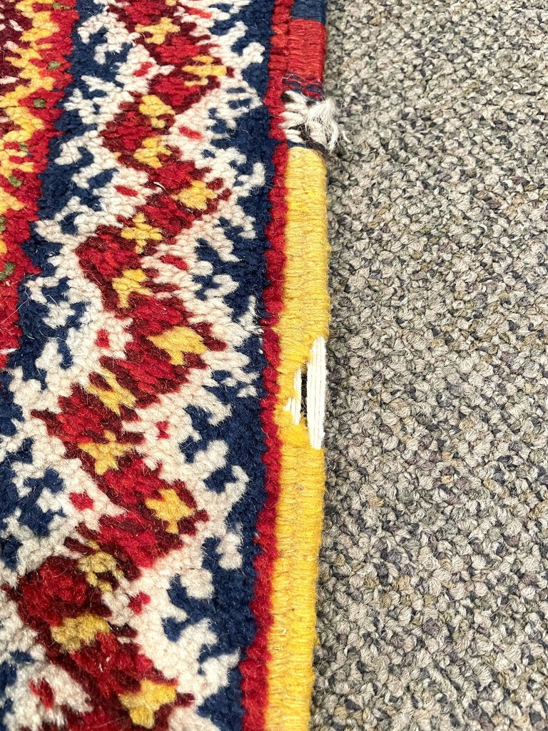 Red and Navy Blue Moroccan Rug with Yellow and White Accents - Wool on Cotton Foundation