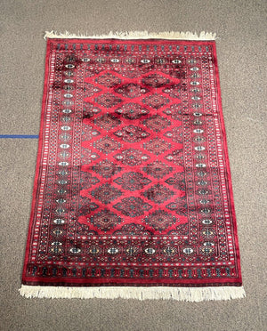 Pakistani Red and Burgundy Turkoman Rug with Blue and Cream Accents - Wool on Cotton Foundation