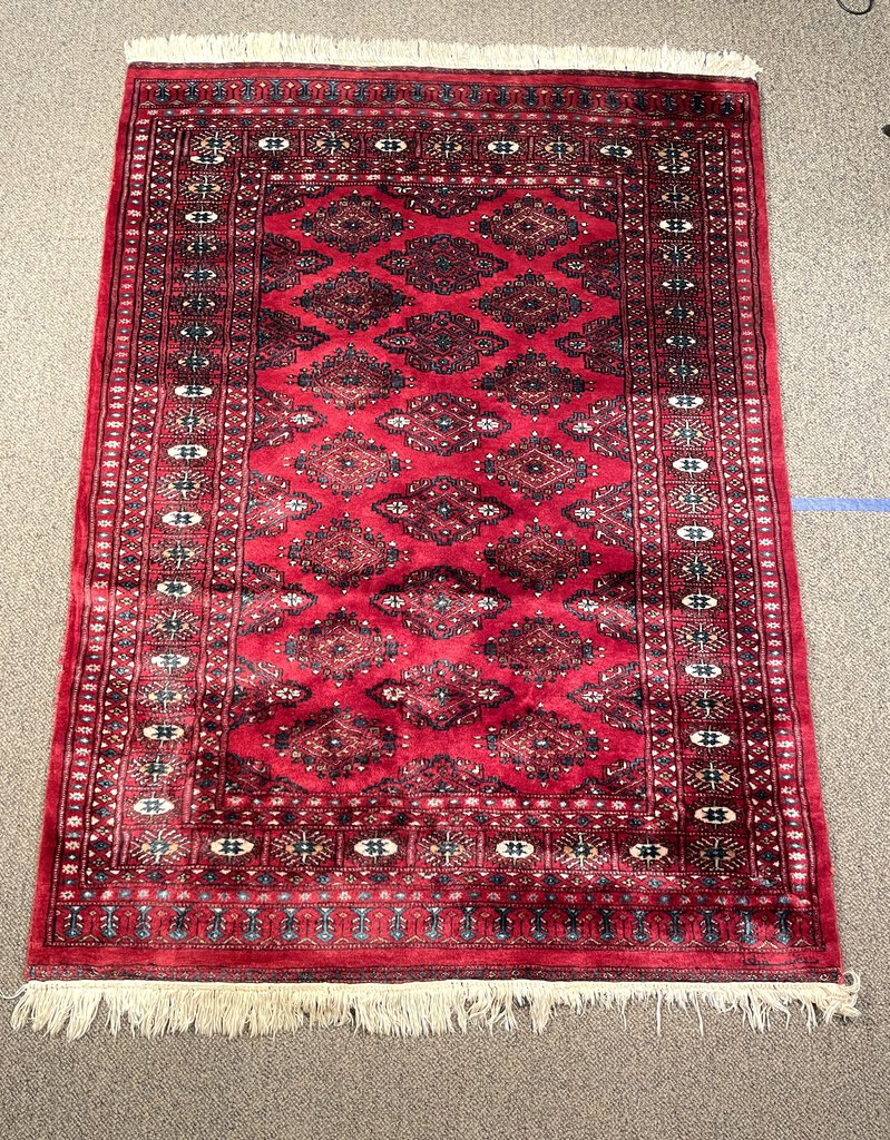 Pakistani Red and Burgundy Turkoman Rug with Blue and Cream Accents - Wool on Cotton Foundation