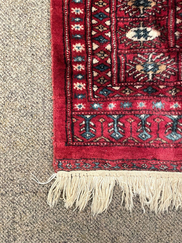 Pakistani Red and Burgundy Turkoman Rug with Blue and Cream Accents - Wool on Cotton Foundation