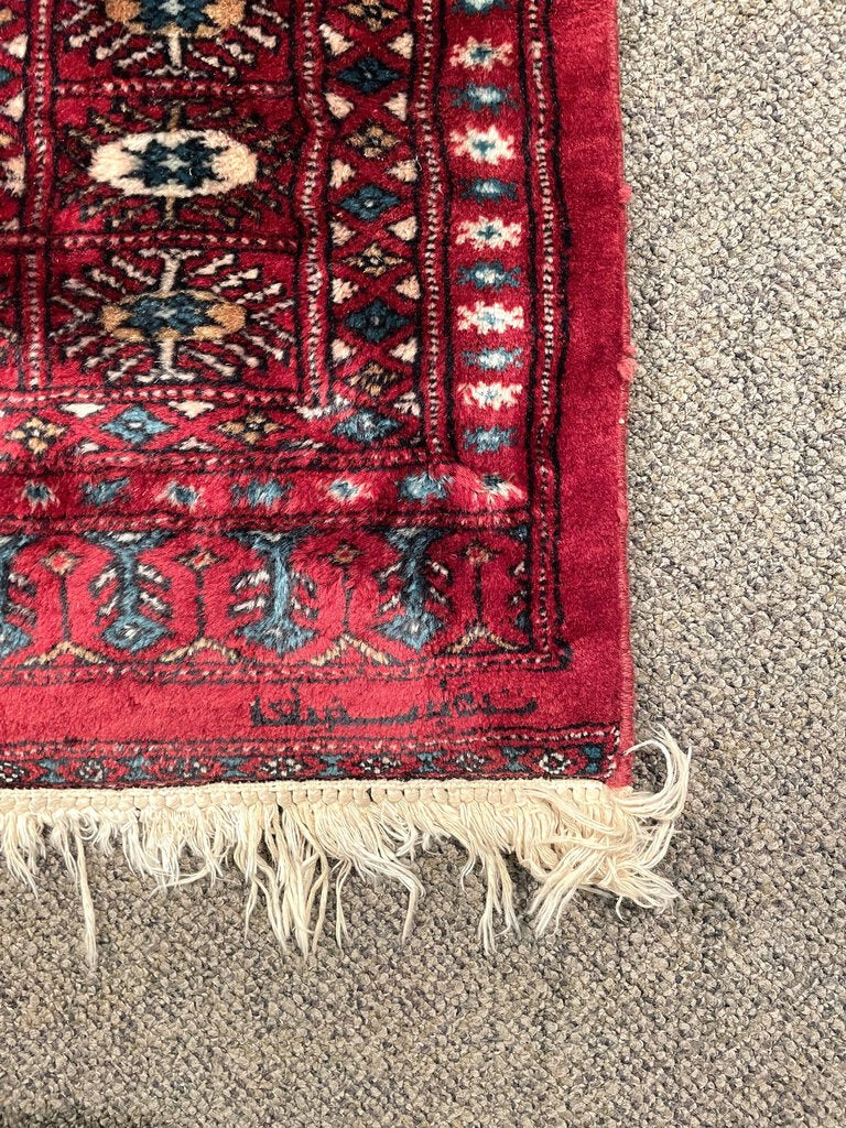 Pakistani Red and Burgundy Turkoman Rug with Blue and Cream Accents - Wool on Cotton Foundation