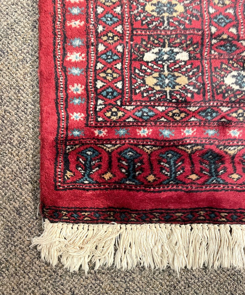 Pakistani Red and Burgundy Turkoman Rug with Blue and Cream Accents - Wool on Cotton Foundation