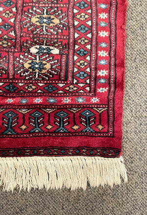 Pakistani Red and Burgundy Turkoman Rug with Blue and Cream Accents - Wool on Cotton Foundation