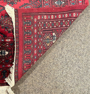 Pakistani Red and Burgundy Turkoman Rug with Blue and Cream Accents - Wool on Cotton Foundation