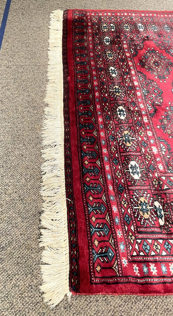 Pakistani Red and Burgundy Turkoman Rug with Blue and Cream Accents - Wool on Cotton Foundation