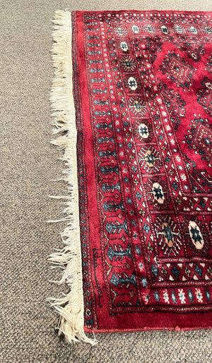 Pakistani Red and Burgundy Turkoman Rug with Blue and Cream Accents - Wool on Cotton Foundation