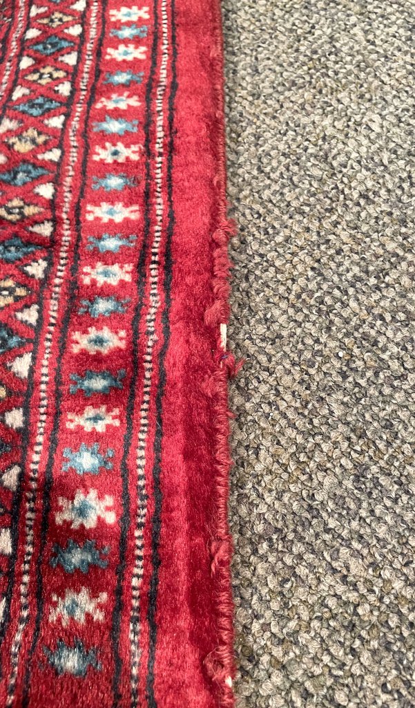 Pakistani Red and Burgundy Turkoman Rug with Blue and Cream Accents - Wool on Cotton Foundation