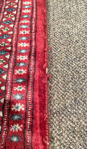 Pakistani Red and Burgundy Turkoman Rug with Blue and Cream Accents - Wool on Cotton Foundation