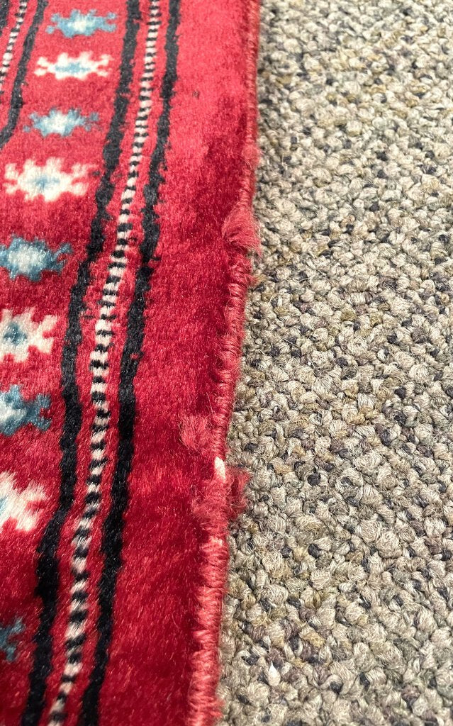 Pakistani Red and Burgundy Turkoman Rug with Blue and Cream Accents - Wool on Cotton Foundation