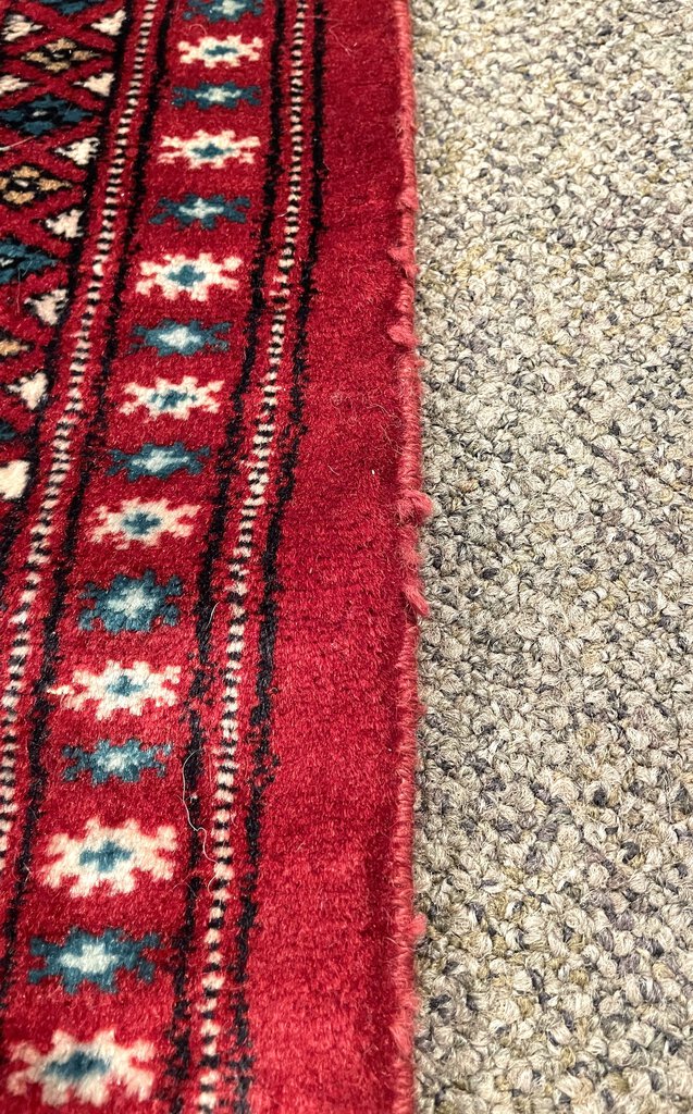 Pakistani Red and Burgundy Turkoman Rug with Blue and Cream Accents - Wool on Cotton Foundation