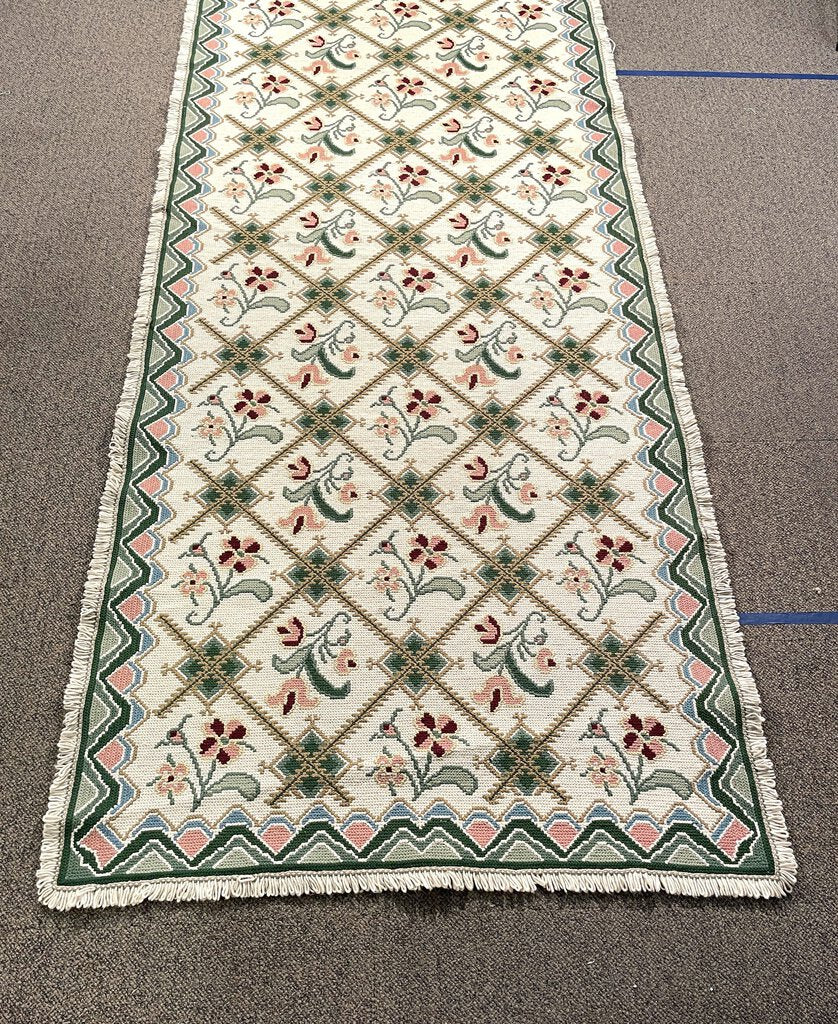 Portuguese Cream and Green Arraiolos Runner Rug with Dark Red and Pink Accents- Wool on cotton Foundation