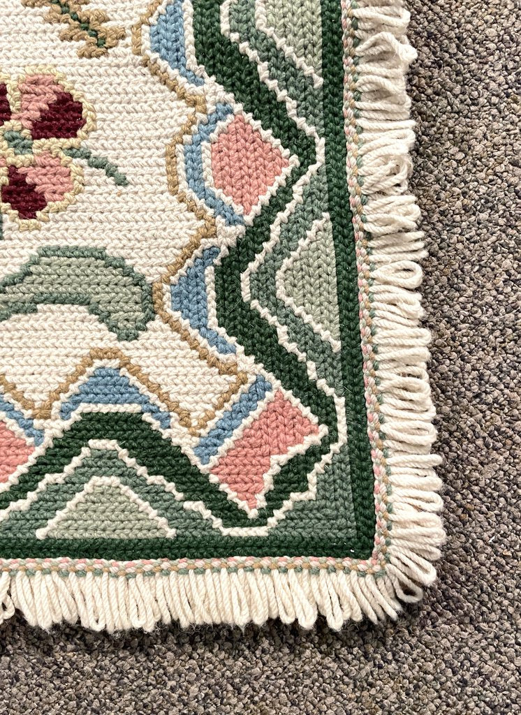 Portuguese Cream and Green Arraiolos Runner Rug with Dark Red and Pink Accents- Wool on cotton Foundation