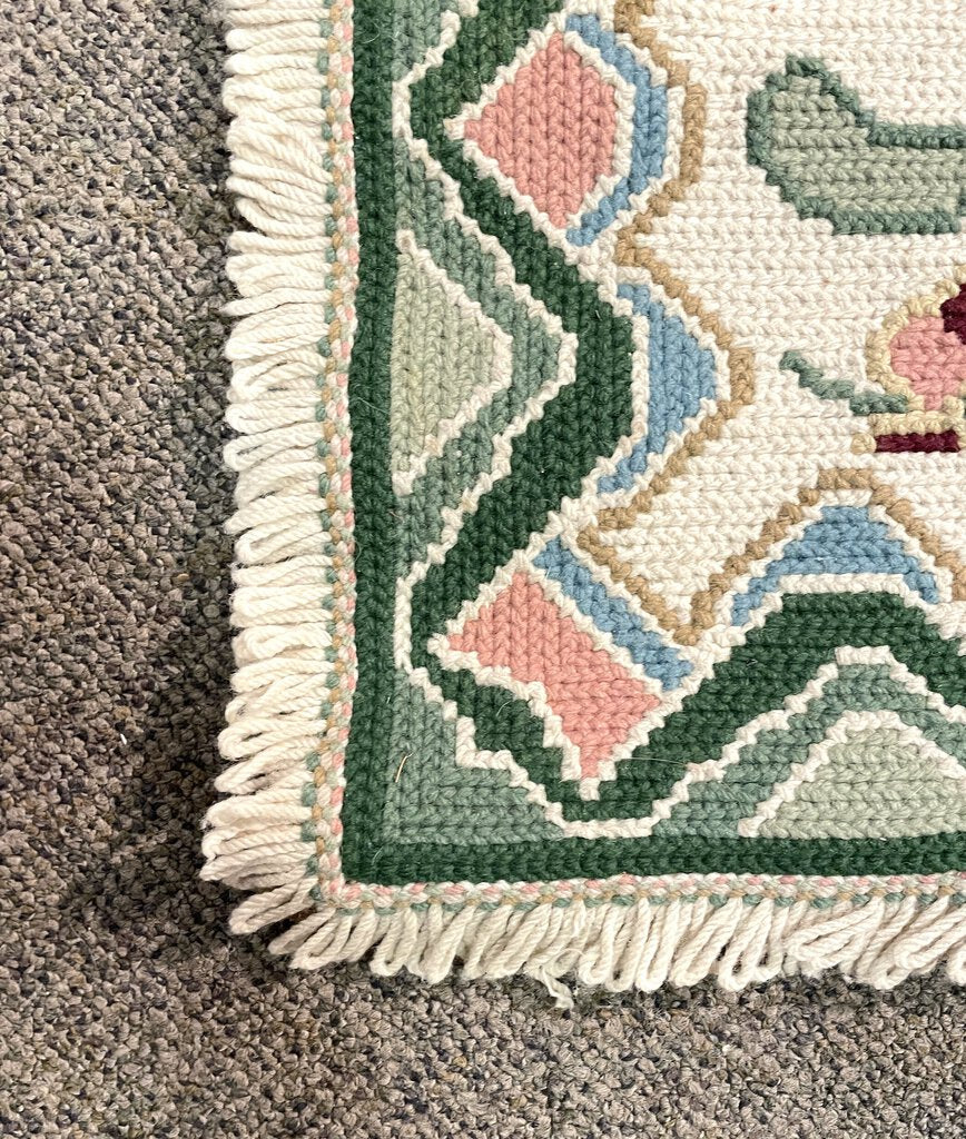 Portuguese Cream and Green Arraiolos Runner Rug with Dark Red and Pink Accents- Wool on cotton Foundation