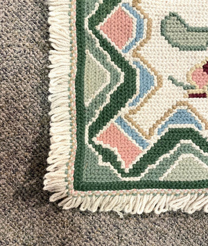 Portuguese Cream and Green Arraiolos Runner Rug with Dark Red and Pink Accents- Wool on cotton Foundation