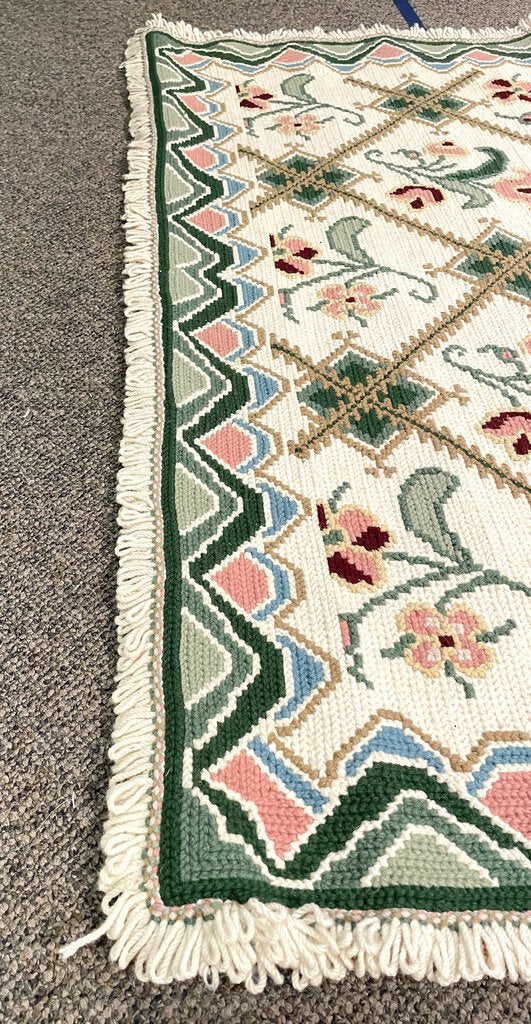 Portuguese Cream and Green Arraiolos Runner Rug with Dark Red and Pink Accents- Wool on cotton Foundation