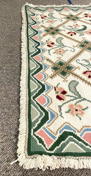 Portuguese Cream and Green Arraiolos Runner Rug with Dark Red and Pink Accents- Wool on cotton Foundation