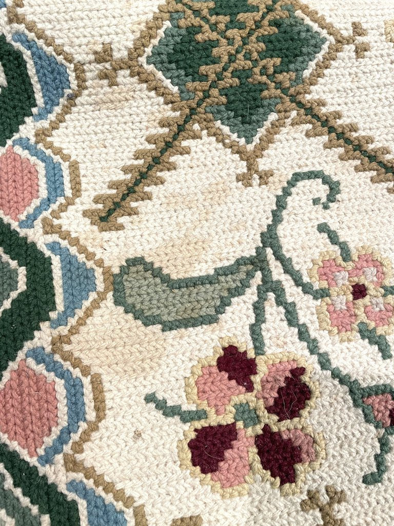 Portuguese Cream and Green Arraiolos Runner Rug with Dark Red and Pink Accents- Wool on cotton Foundation