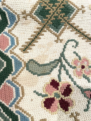 Portuguese Cream and Green Arraiolos Runner Rug with Dark Red and Pink Accents- Wool on cotton Foundation