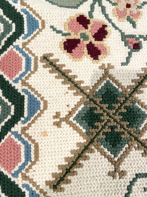 Portuguese Cream and Green Arraiolos Runner Rug with Dark Red and Pink Accents- Wool on cotton Foundation