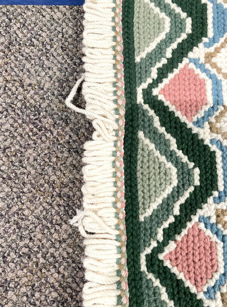 Portuguese Cream and Green Arraiolos Runner Rug with Dark Red and Pink Accents- Wool on cotton Foundation