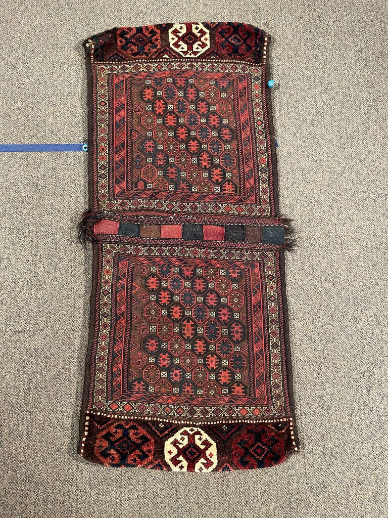 Persian/ Afghani Navy Blue and Red Saddle Rug with Black and Brown Accents - Wool on Cotton Foundation