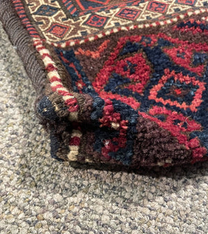 Persian/ Afghani Navy Blue and Red Saddle Rug with Black and Brown Accents - Wool on Cotton Foundation