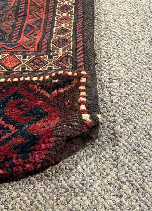 Persian/ Afghani Navy Blue and Red Saddle Rug with Black and Brown Accents - Wool on Cotton Foundation