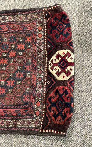 Persian/ Afghani Navy Blue and Red Saddle Rug with Black and Brown Accents - Wool on Cotton Foundation