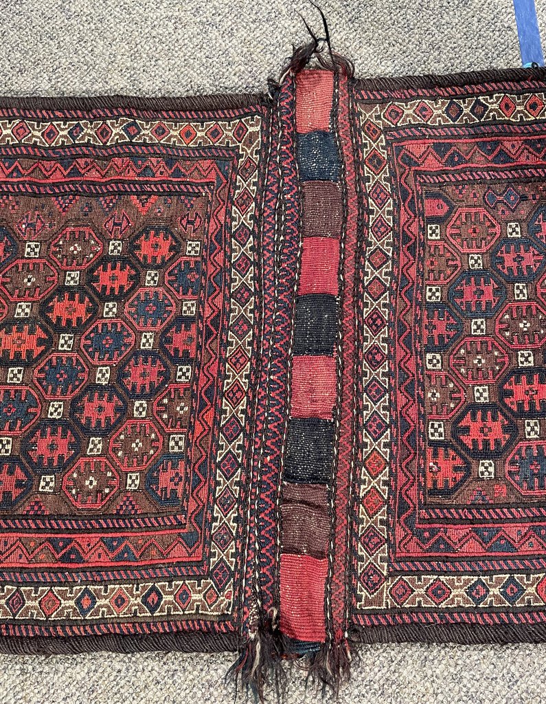 Persian/ Afghani Navy Blue and Red Saddle Rug with Black and Brown Accents - Wool on Cotton Foundation