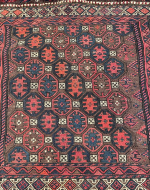 Persian/ Afghani Navy Blue and Red Saddle Rug with Black and Brown Accents - Wool on Cotton Foundation