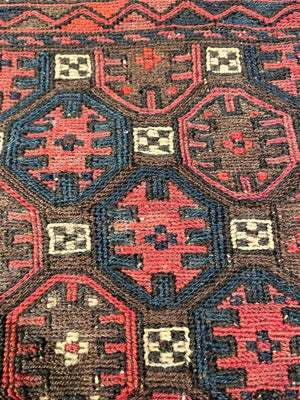 Persian/ Afghani Navy Blue and Red Saddle Rug with Black and Brown Accents - Wool on Cotton Foundation