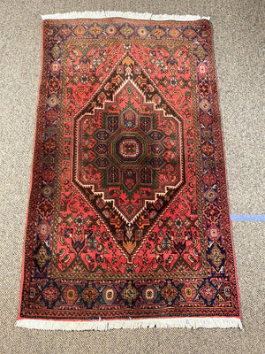 Persian Red and Navy Blue Bijar Rug with Pink, Green, Sky Blue and Yellow Accents- Wool on Cotton Foundation