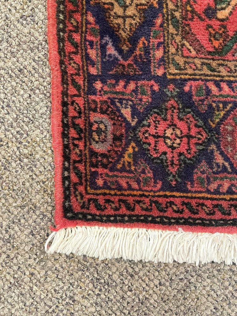 Persian Red and Navy Blue Bijar Rug with Pink, Green, Sky Blue and Yellow Accents- Wool on Cotton Foundation