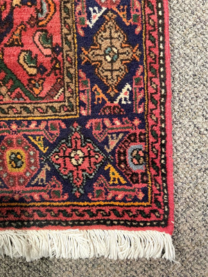 Persian Red and Navy Blue Bijar Rug with Pink, Green, Sky Blue and Yellow Accents- Wool on Cotton Foundation