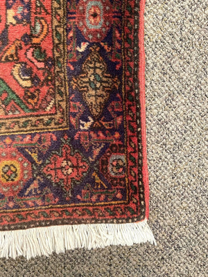 Persian Red and Navy Blue Bijar Rug with Pink, Green, Sky Blue and Yellow Accents- Wool on Cotton Foundation