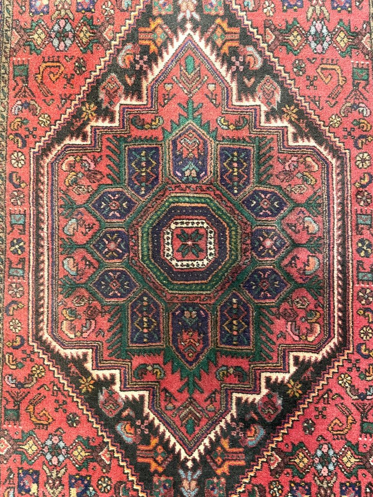 Persian Red and Navy Blue Bijar Rug with Pink, Green, Sky Blue and Yellow Accents- Wool on Cotton Foundation