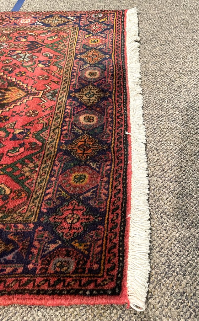 Persian Red and Navy Blue Bijar Rug with Pink, Green, Sky Blue and Yellow Accents- Wool on Cotton Foundation