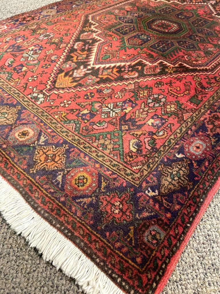 Persian Red and Navy Blue Bijar Rug with Pink, Green, Sky Blue and Yellow Accents- Wool on Cotton Foundation