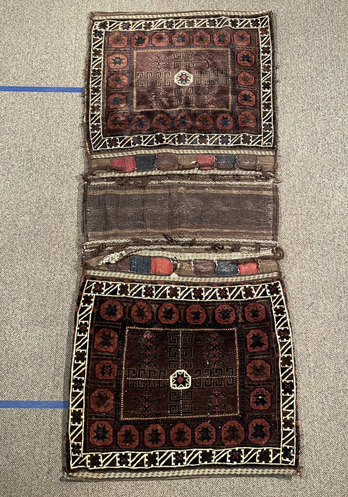 Baloch (West Afghanistan) Brown and Burgundy Double Bag with White and Blue Accents- Wool on Cotton Foundation# 2067