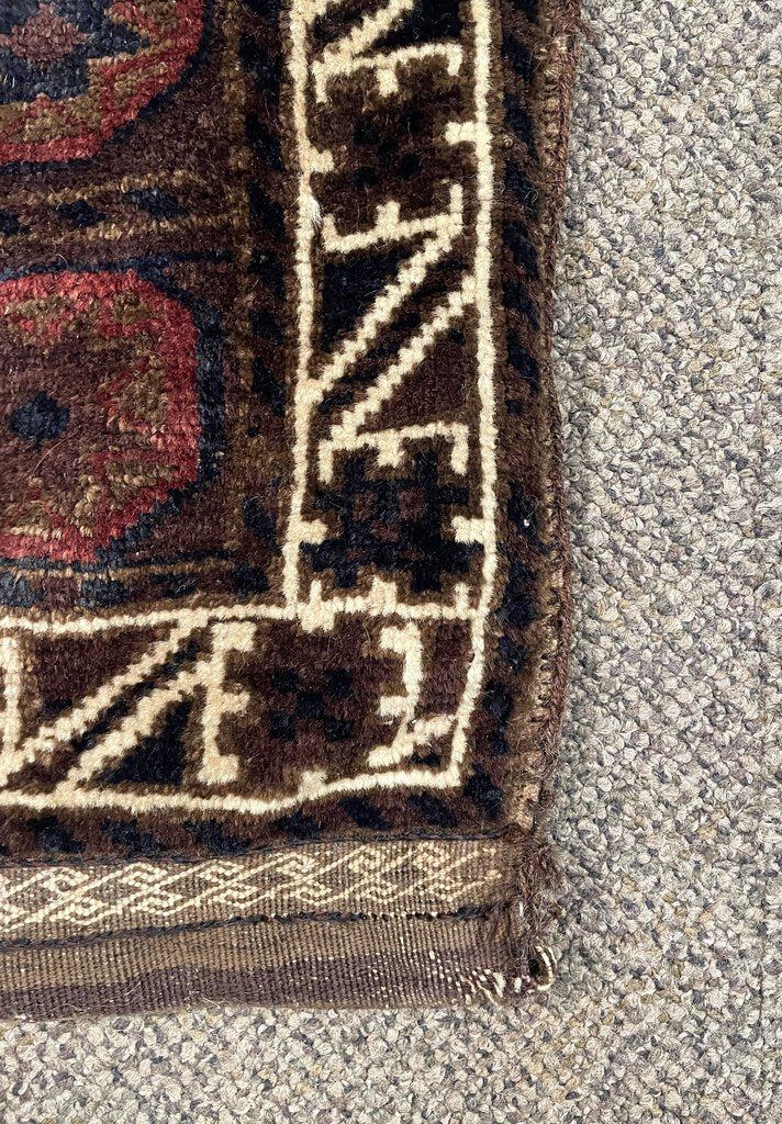 Baloch (West Afghanistan) Brown and Burgundy Double Bag with White and Blue Accents- Wool on Cotton Foundation# 2067