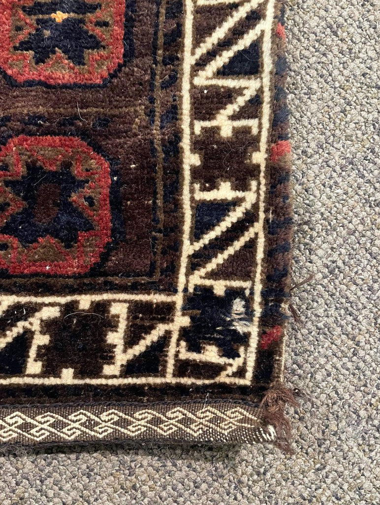 Baloch (West Afghanistan) Brown and Burgundy Double Bag with White and Blue Accents- Wool on Cotton Foundation# 2067