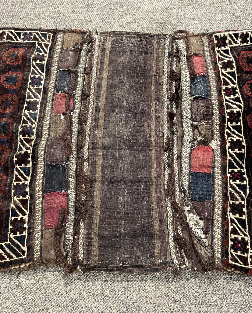 Baloch (West Afghanistan) Brown and Burgundy Double Bag with White and Blue Accents- Wool on Cotton Foundation# 2067