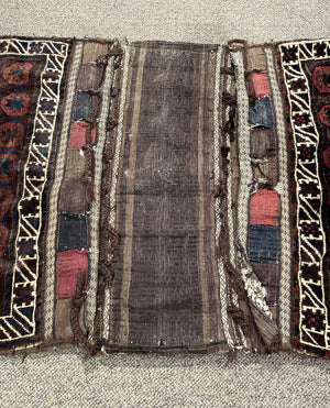 Baloch (West Afghanistan) Brown and Burgundy Double Bag with White and Blue Accents- Wool on Cotton Foundation# 2067