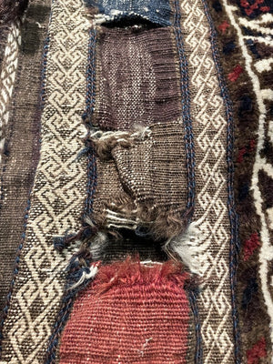 Baloch (West Afghanistan) Brown and Burgundy Double Bag with White and Blue Accents- Wool on Cotton Foundation# 2067